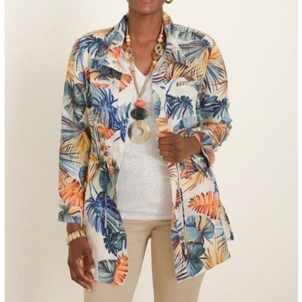 Chico's Palm-Print Tropical Linen Utility Jacket Sz 1-Medium